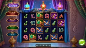 Pemandangan visual slot Three Pots of the Genie dengan latar belakang gurun dan lampu ajaib.